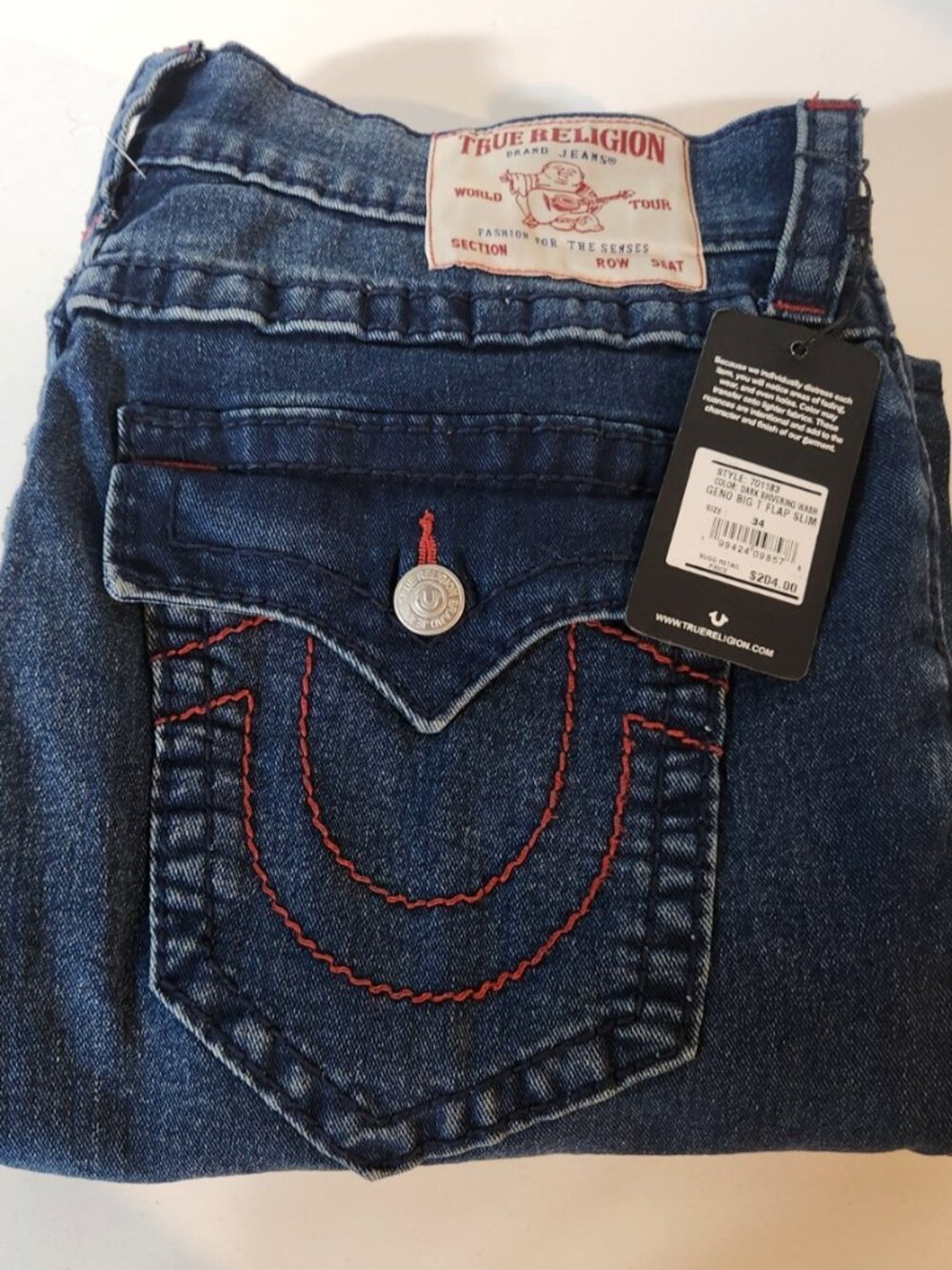 NWT True Religion GENO Big T Flap Slim Relaxed Jeans Men's 34x32 Retail $204